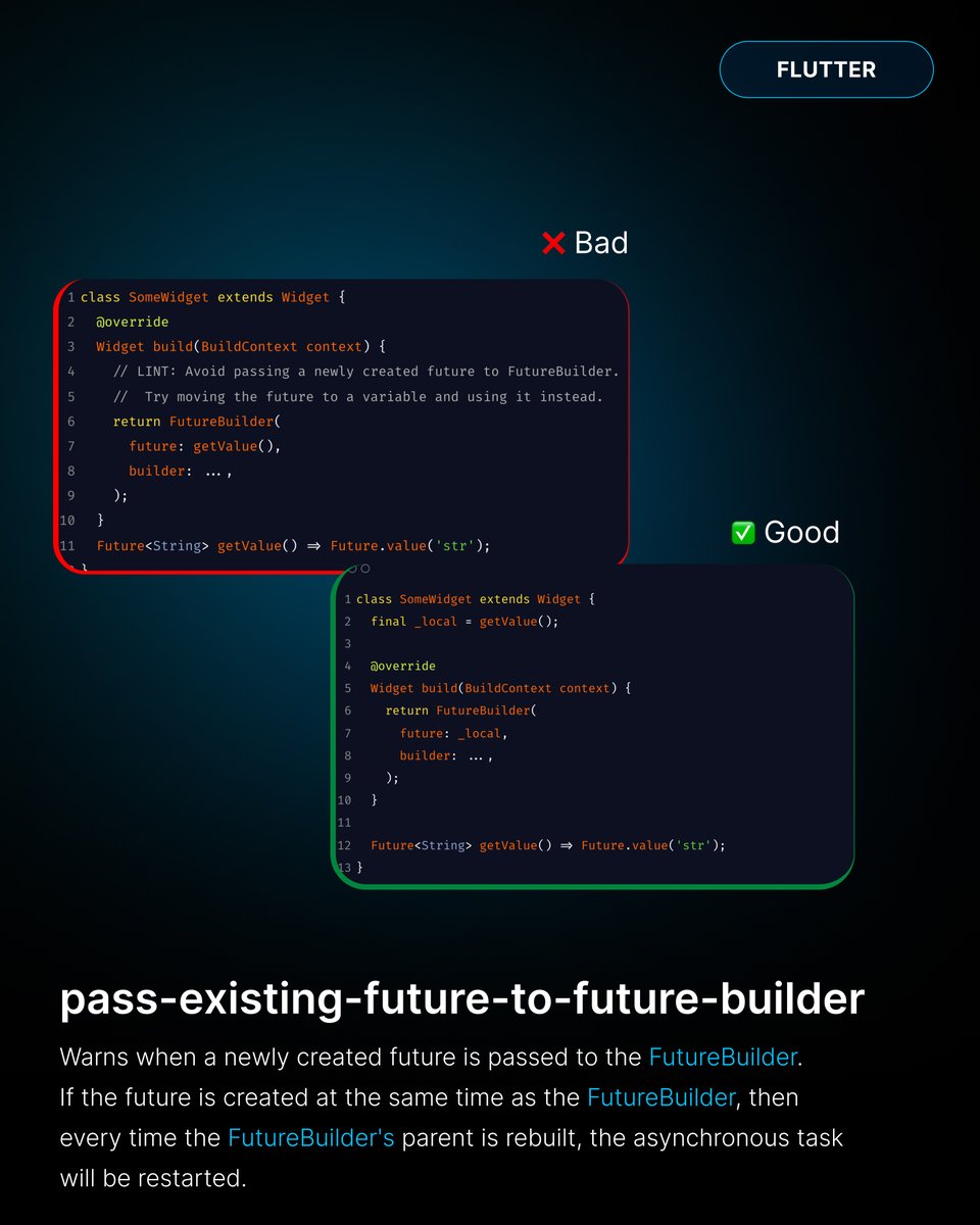 DCMAnalyzer's tweet image. Creating a new Future inside FutureBuilder in #Flutter? That restarts the async task every rebuild.
Pass an existing Future from "initState", not from "build".
🔗Learn more how to fix this: dcm.dev/docs/rules/flu…