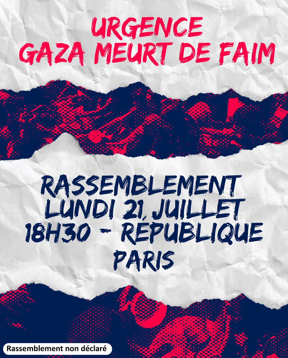 urgence_pal's tweet image. 🔥 Gaza meurt de faim, le monde se tait !
✊ Rejoignons-nous pour briser le silence et dénoncer le génocide en cours.
📅 Lundi 21 juillet – 18h30
📍 Place de la République, Paris
❗ Rassemblement non déclaré
#stopstarvinggaza #openrafahborder #stopgenocide