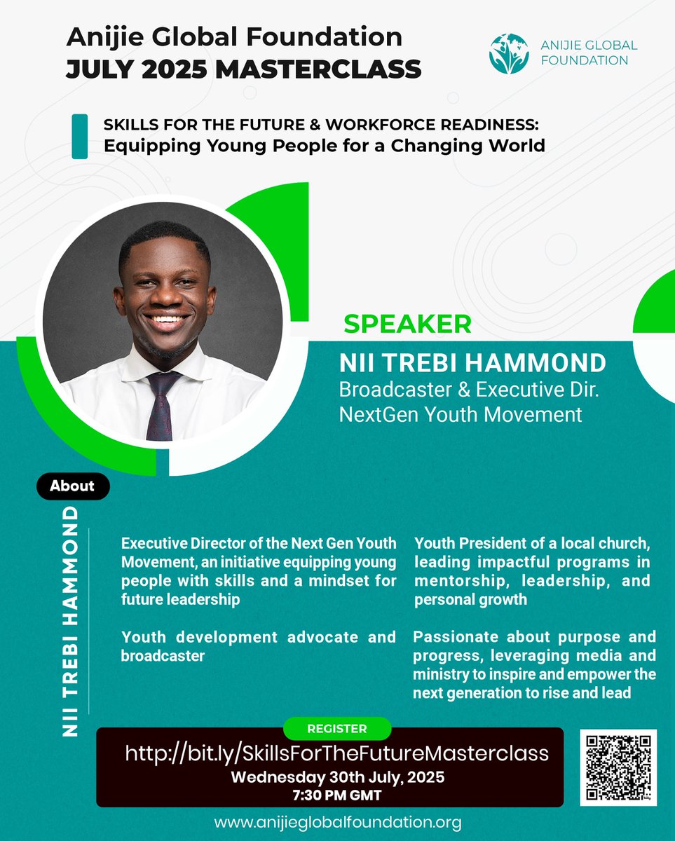 AnijieGlobal's tweet image. Ready to future-proof your career? Join broadcaster & #youth advocate Nii Trebi Hammond for "Skills for the Future & Workforce Readiness"
๐
July 30, 7:30 PM GMT
๐ Register: bit.ly/SkillsForTheFuโฆ
#FutureOfWork #YouthEmpowerment #SkillsDevelopment
#AnijieGlobalFoundation
