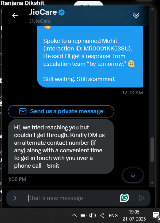 bro2code's tweet image. Look how Jio is cheating!
Faced internet issues for days. They sent an engineer who committed fraud. The number shared by Jio is unreachable.
Now they claim &quot;we tried to contact you&quot; — but never did.
Because of this, I lost ₹12,000.
Shameful service! #Jio #JioFiber #FraudAlert…