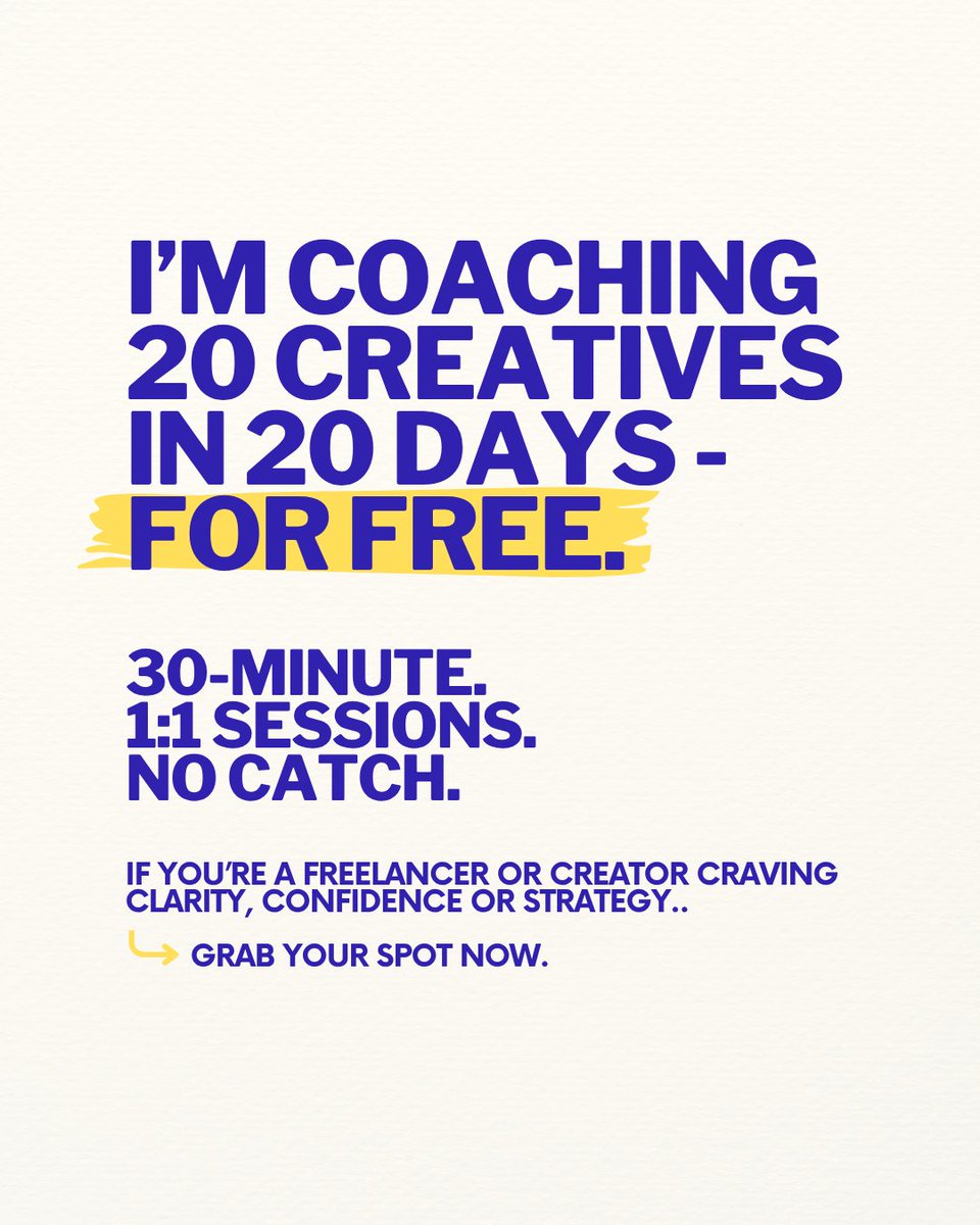 I’m coaching 20 creatives in 20 days - for free.

30-minute 1:1 coaching sessions throughout August.

No fluff. No pitch. Just clarity, strategy, and confidence.

Here’s why I’m doing it - and how to grab your spot 👇