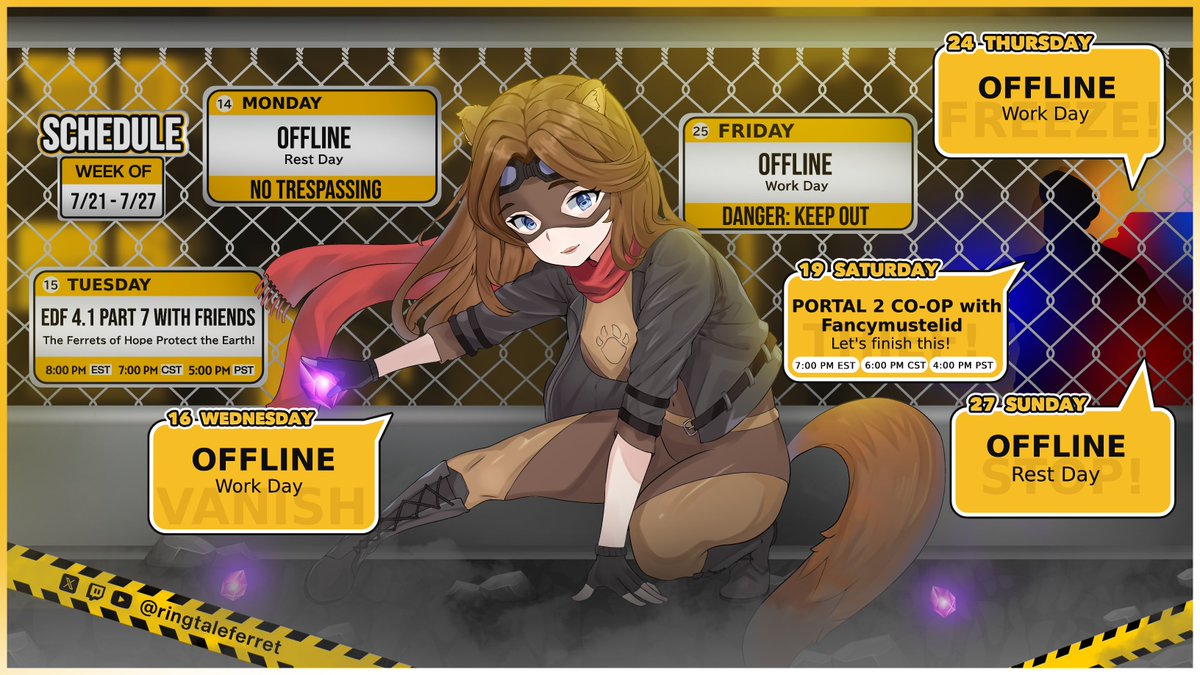 ringtaleferret's tweet image. The schedule for the week is up!
I am not going to be able to stream as much for the next couple weeks as I'm taking more shifts at work to help with people on vacation.
Tuesday we're back in the action with @SablynNebulae Fancymustelid, and HopetuSurvive with EDF 4.1!…