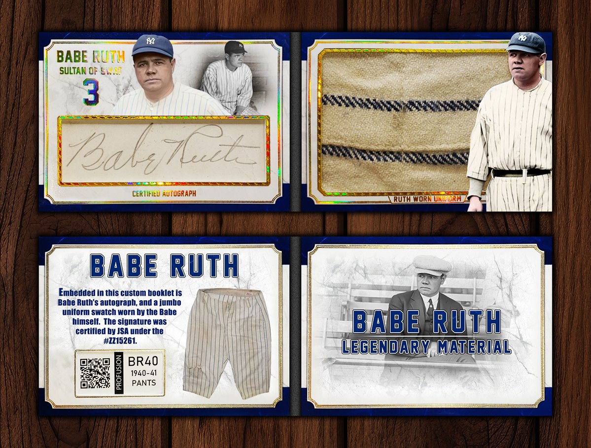 tanmanbbfan's tweet image. Babe Ruth custom booklet created! It's super easy for me to get excited when a Babe Ruth auto AND a jumbo uniform swatch worn by Babe Ruth come into the shop!
The autograph is JSA certified, and a pro fusion QR code / along with a pic of the pants notate the provenance of the…