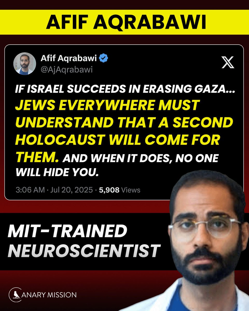 canarymission's tweet image. MIT-trained neuroscientist Afif Aqrabawi blames Jews worldwide for the Gaza war — a war started by Hamas — and has called for a second Holocaust.
It echoes Hitler, who falsely blamed Jews for Germany’s defeat in WWI — then murdered 6 million of them.
📢 Know his name. Share…
