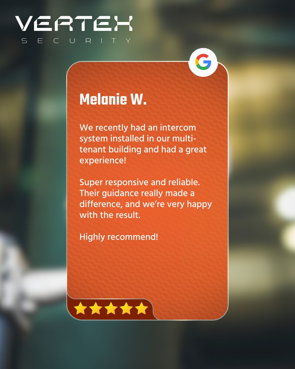 Vertex_Security's tweet image. 🗣️ Installing a new intercom system? It’s easy! 

Melanie W. loves our service: 
✅ Responsive 
✅ Reliable 
✅ Clear guidance 

Now she enjoys peace of mind! ⭐

#IntercomInstallation #MultiTenantSecurity #CustomerFeedback #SmartAccess #ReliableService
