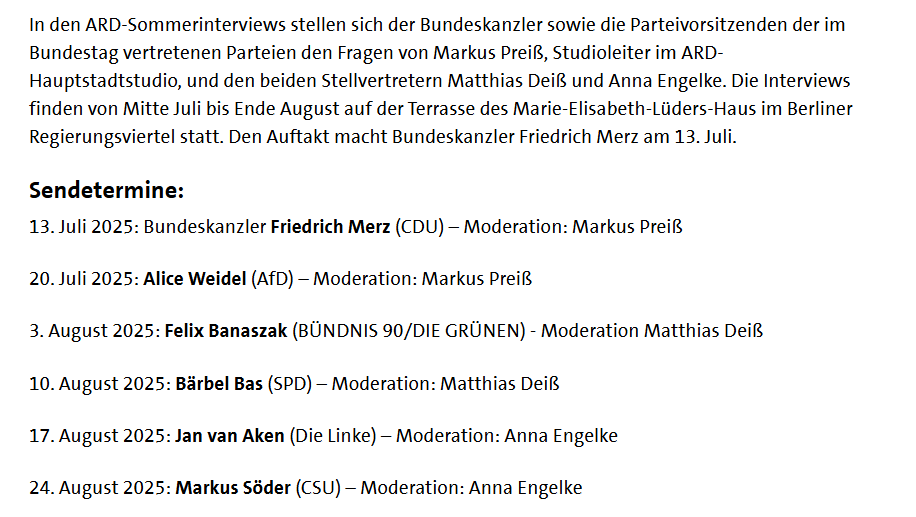 Das Pressebüro der Grünen verspricht hoch und heilig ein störungsfreies Interview für den Parteivorsitzenden und die favorisierten Koalitionspartner. Mal sehen was am 24. August passiert.