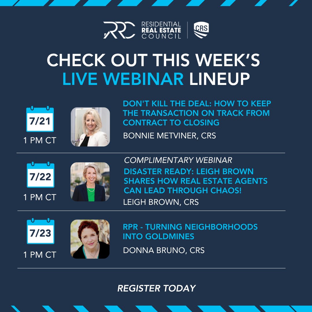🚨 3 real estate webinars this week: bit.ly/3WqN4Fu 💻

7/21: Save the deal—not kill it
7/22: Be disaster-ready for your clients
7/23: Turn neighborhoods into goldmines using RPR®
💡 Stay sharp, close strong, and lead with confidence.