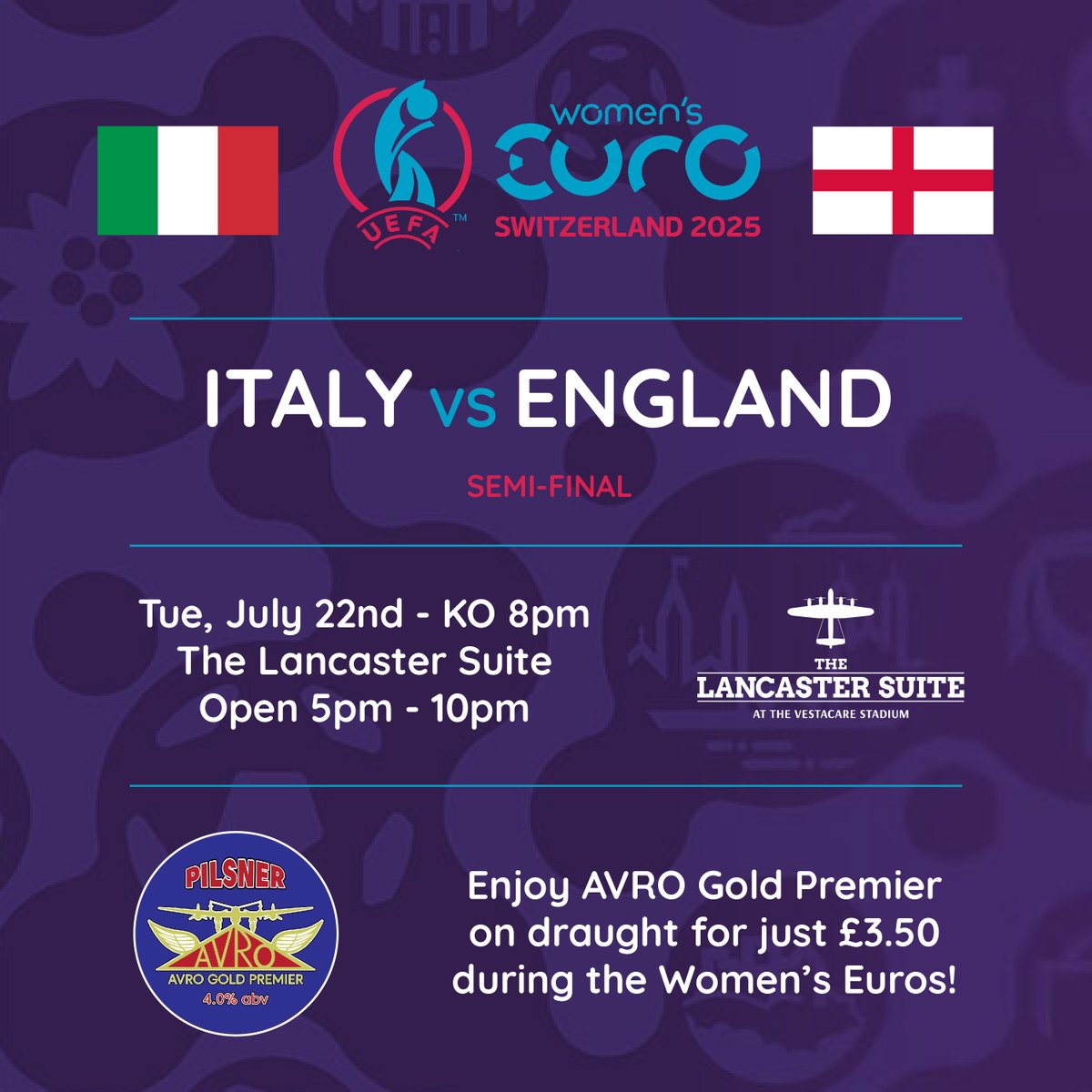 The Vestacare Stadium (@vestacarestadia) on Twitter photo Join us tomorrow night at The Vestacare Stadium to cheer on the Lionesses as 🏴England face 🇮🇹 Italy in the EURO 2025 semi-final!
📆 Tues 22 July | ⚽ KO 8pm
🍺 Avro Gold Premier just £3.50 during the <a href="/WEURO2025/">UEFA Women's EURO 2025</a> #Lionesses #WomensEuros #EURO2025 #OldhamHour <a href="/Oldham_Hour/">Oldham Hour</a> <a href="/AvroFC/">Avro FC</a> Join us tomorrow night at The Vestacare Stadium to cheer on the Lionesses as 🏴England face 🇮🇹 Italy in the EURO 2025 semi-final!
📆 Tues 22 July | ⚽ KO 8pm
🍺 Avro Gold Premier just £3.50 during the <a href="/WEURO2025/">UEFA Women's EURO 2025</a> #Lionesses #WomensEuros #EURO2025 #OldhamHour <a href="/Oldham_Hour/">Oldham Hour</a> <a href="/AvroFC/">Avro FC</a>