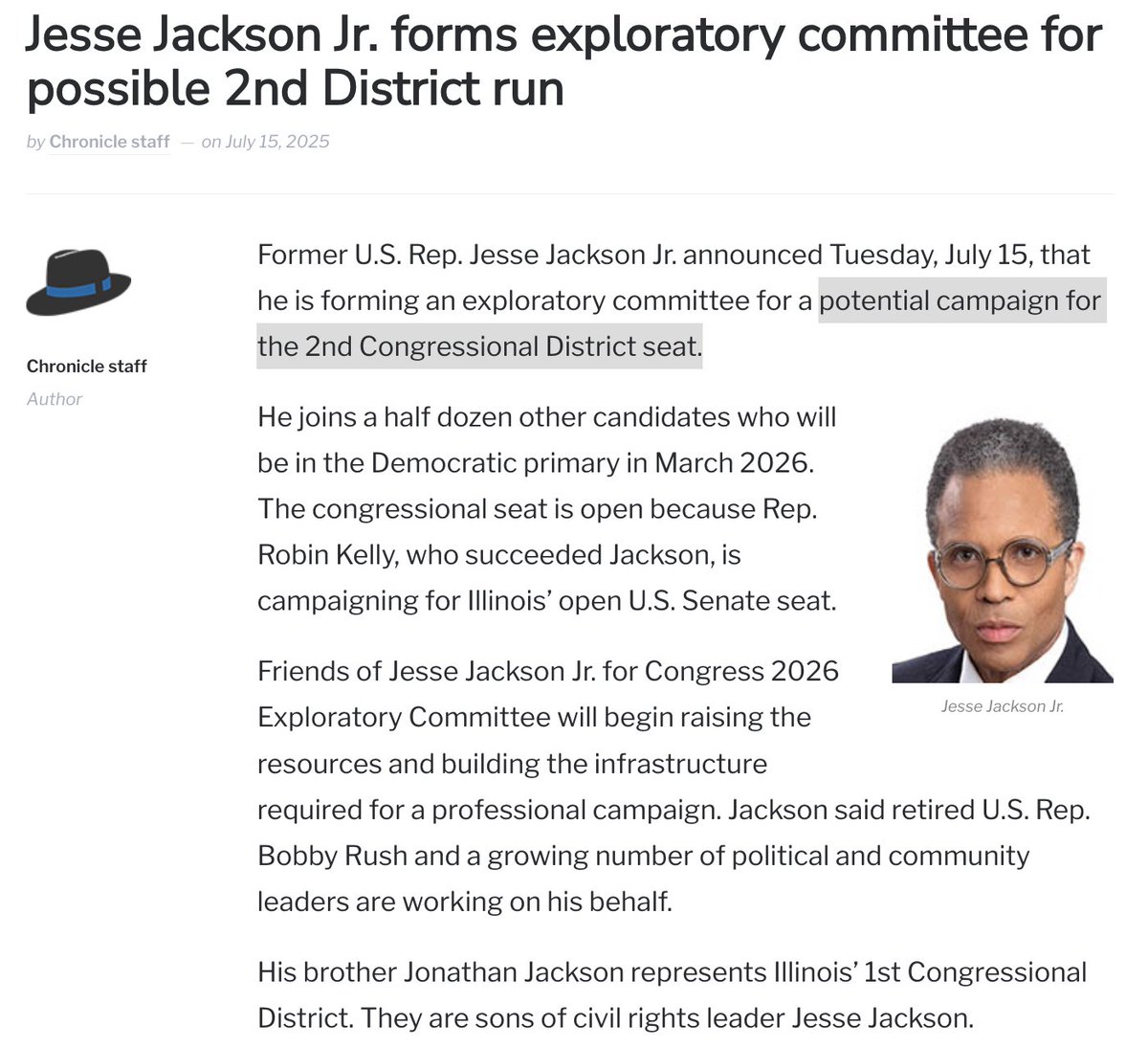 themodpun's tweet image. This is HOW LITTLE the Jackson's think of Illinois. The newly released from PRISON, Jesse Jackson Jr. is forming an exploratory committee for a potential campaign for the 2nd Congressional District seat.
This is DISGUSTING. hfchronicle.com/2025/07/15/jes…