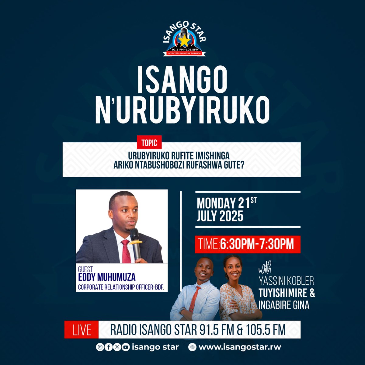 Uyu munsi mu kiganiro ISANGO N'URUBYIRUKO Gitambuka buri wa mbere kuri Radio ISANGO STAR 91.5 &amp; 105.5 FM,. Turarebera hamwe uko urubyiruko rufite imishinga ariko ntabushobozi bw'amafaranga rufashwa mu gushyira mu bikorwa iyo mishinga.
<a href="/BDF_rw/">BDF_rw</a>