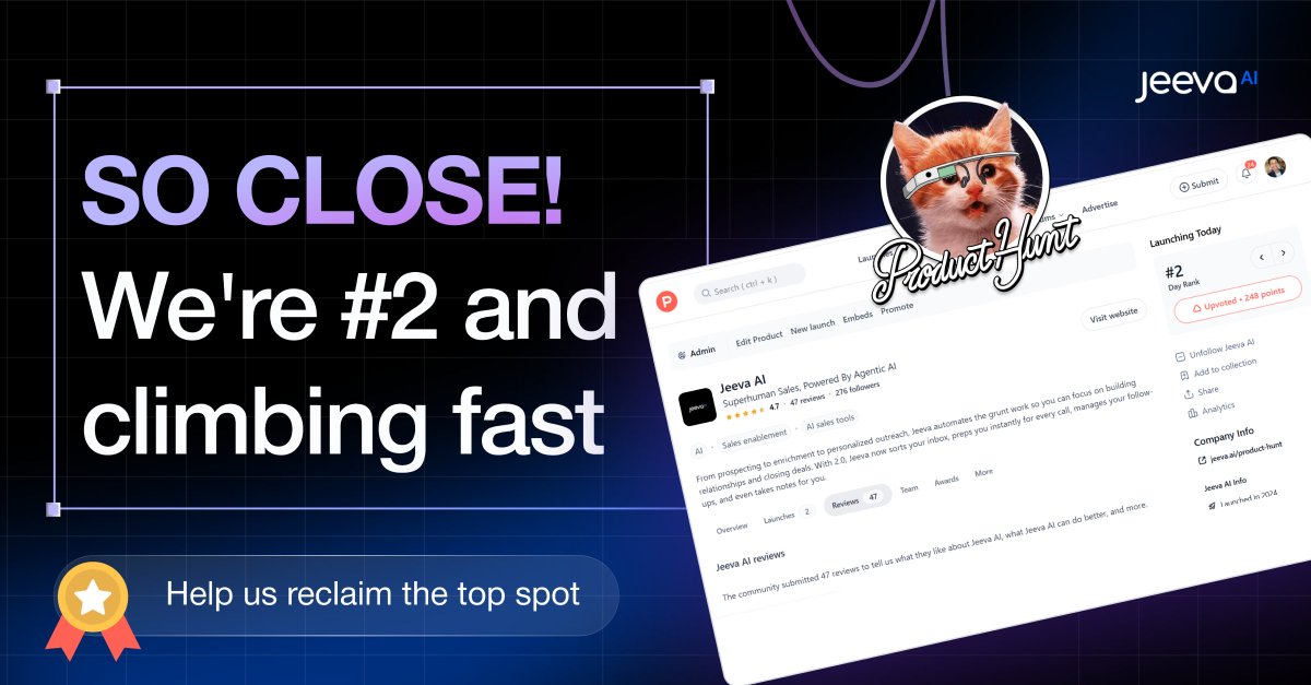 gauravbhattac16's tweet image. WOW. Just 6 hours in and we’re already trending on Product Hunt! 🚀
• Currently #2 Product of the Day
Huge thanks to everyone who’s supported Jeeva 2.0 so far - comments, feedback, upvotes, DMs… it's all pouring in
👉 If you haven’t yet checked us out yet →…