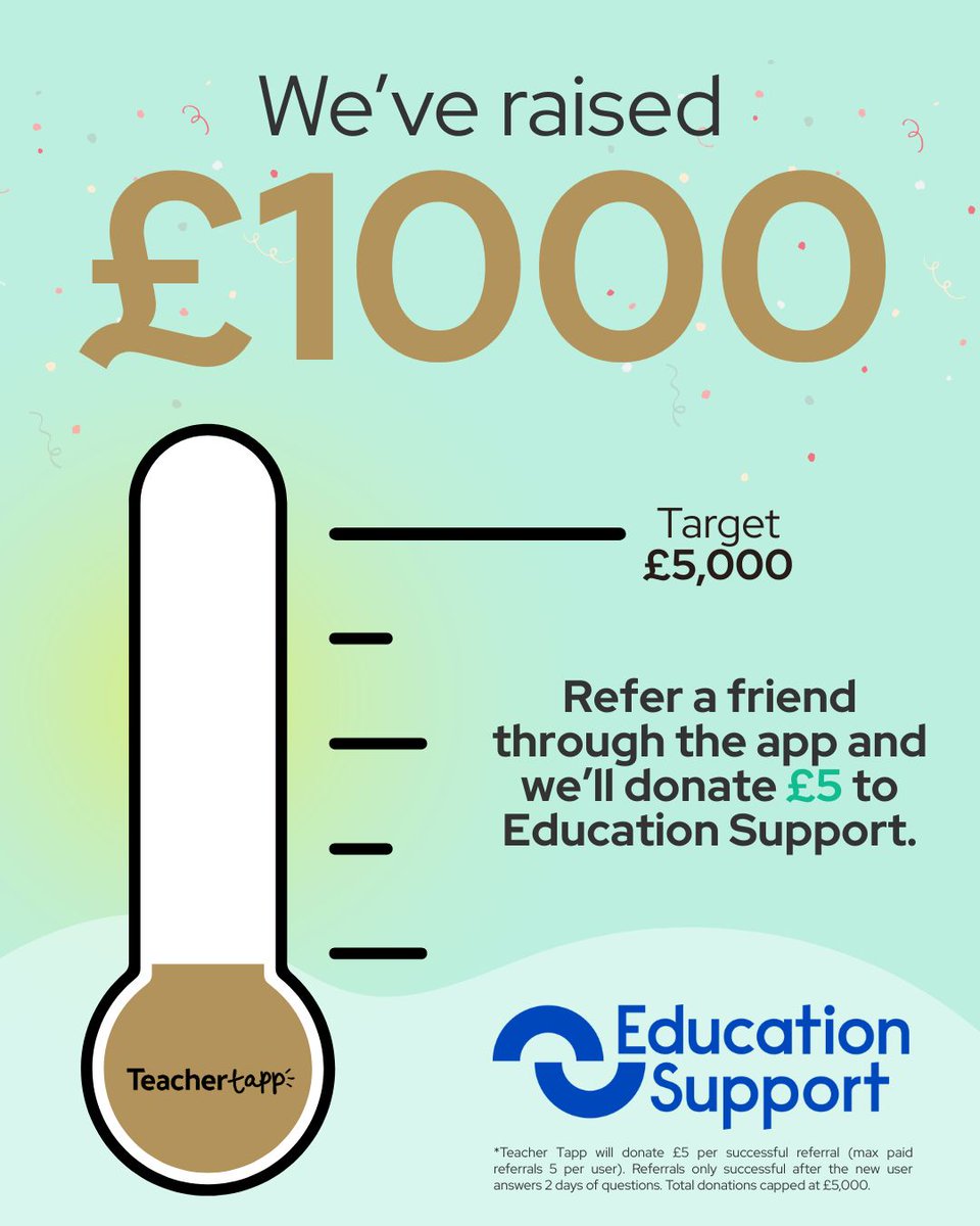 TeacherTapp's tweet image. 🎉 We’ve raised £1,000 for @EdSupportUK! 🎉
Thank you to everyone who’s referred so far 💚
But we’re aiming even higher… our target is £5,000 and we’re not done yet!
Refer a friend through the app and we’ll donate £5!
📲 bit.ly/DownloadTeache…