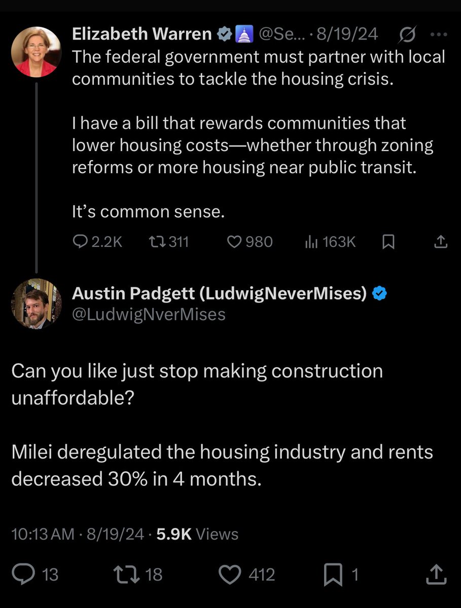 LudwigNverMises's tweet image. One of the best parts of Milei is you can now ratio politicians on real estate prices by pointing at Argentina, without even having to beg them to listen to your theory.