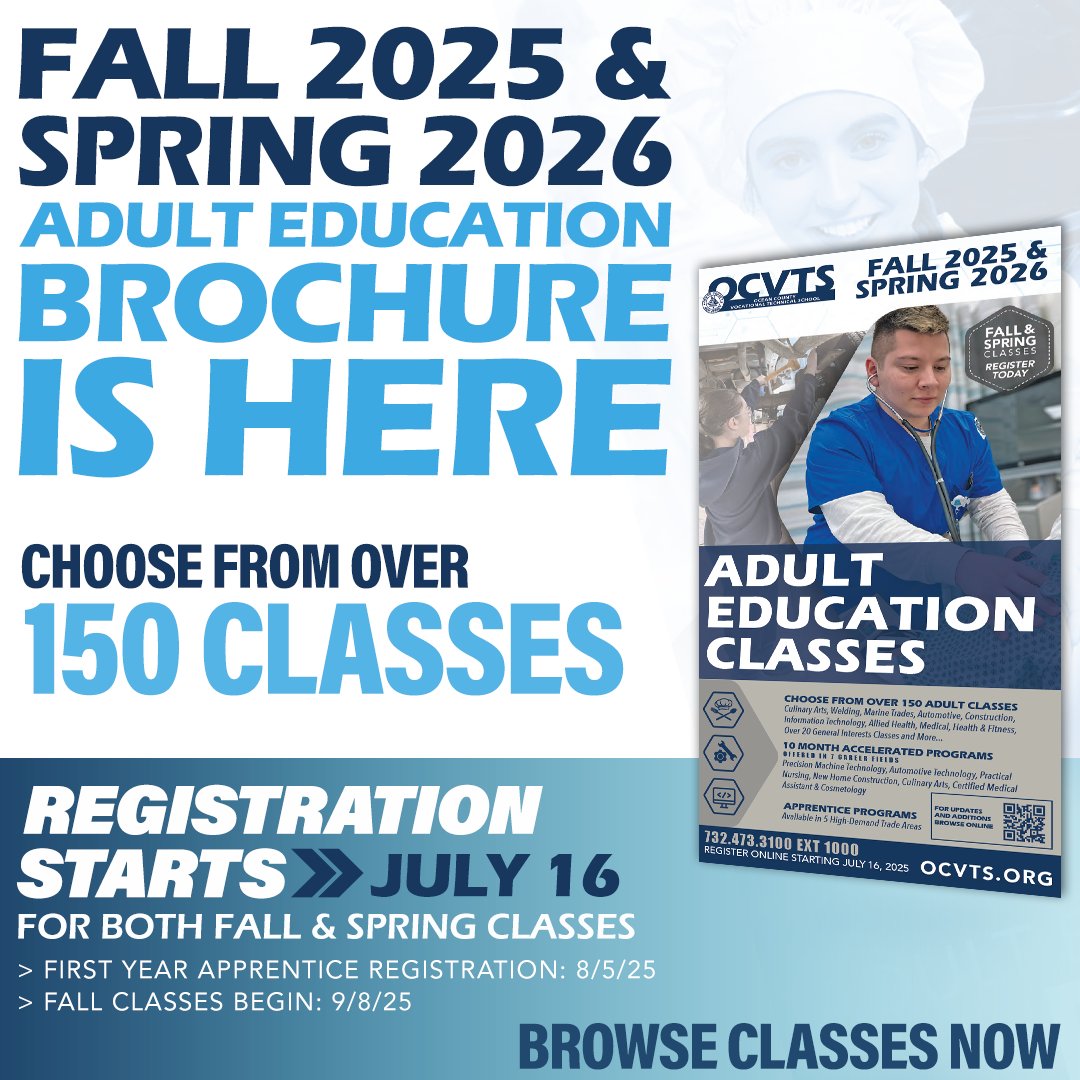 Looking to Learn a New Set of Skills, Advance in Your Career, or Start a New Hobby?  OCVTS offers over 150 Adult Evening Classes! Classes Begin: 9/8/2025
🔍 REGISTER FOR A CLASS TODAY!
➡️ ocvts.org/adultevening