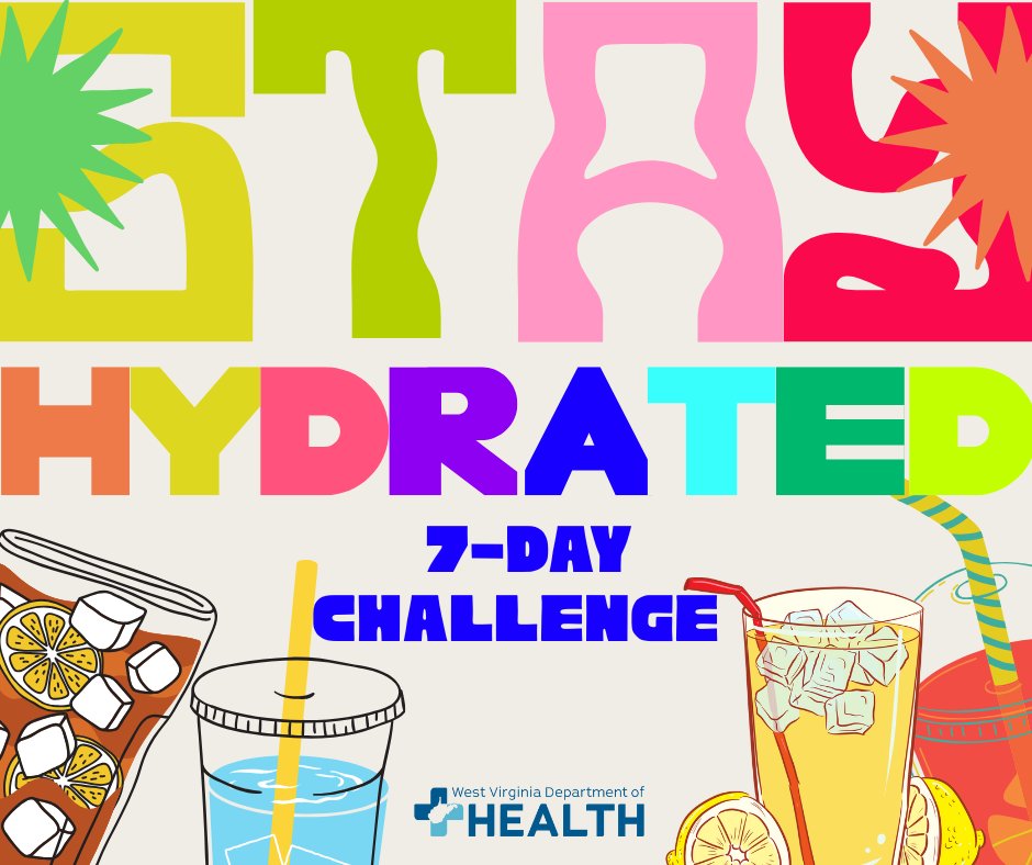 WVDeptofHealth's tweet image. It&apos;s Day 2 of the West Virginia Department of Health&apos;s 7-Day Hydration Challenge💧Are you staying on track?  

#HydrationChallenge #7Days