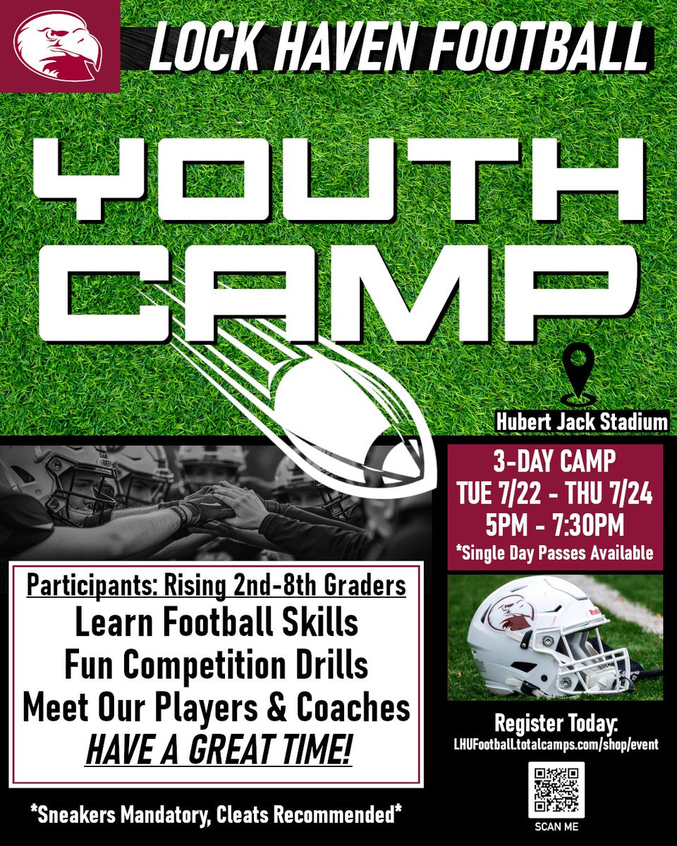 Tomorrow kicks off our Lock Haven Football Youth Camp!🦅🦅🦅
We're excited to meet the youngsters of our local community, teach them about our great game, and have FUN!

There's still time to register your child here:
lhufootball.totalcamps.com/shop/EVENT

*Cleats recommended, no other