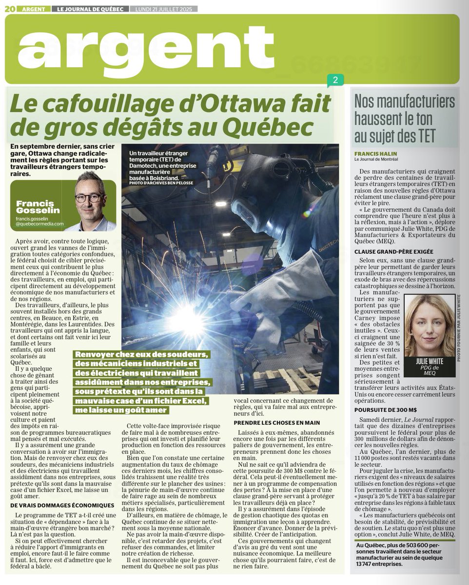 pressreader.com/article/281814…
Un problème majeur pour nos entreprises et une préoccupation qui devra être solutionnée bientôt par le gouvernement fédéral car nos régions du Québec seront à risque économiquement parlant. Oui, l’immigration doit être réduite mais pas au détriment des