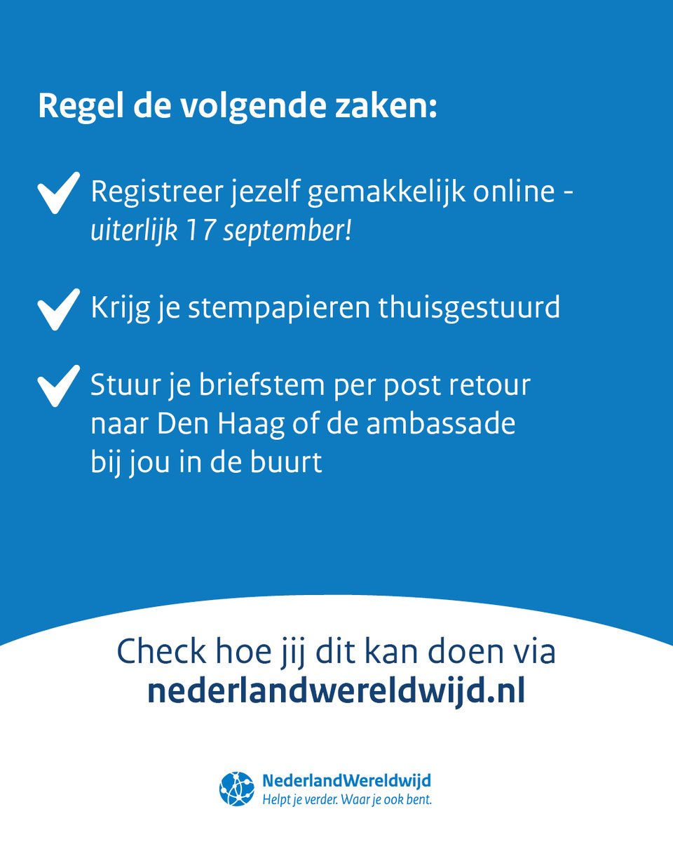 NLinZimbabwe's tweet image. 🇳🇱 Dutch nationals in Zimbabwe, Zambia & Malawi:
🗳️ Elections for the House of Representatives in the Netherlands will be held on 29 October 2025.
📅 To vote from abroad, register before 17 September.
ℹ️ More info on how to register below: netherlandsworldwide.nl/voting-abroad/…