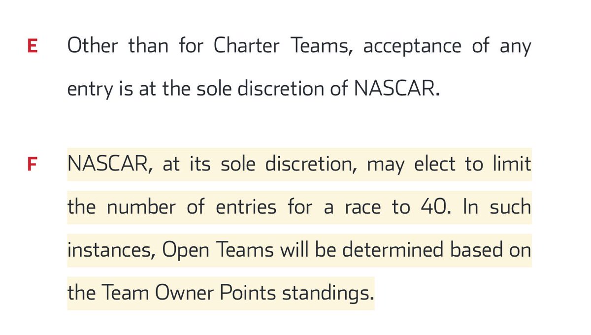 jeff_gluck's tweet image. This is an interesting rule book update just now. NASCAR has a new policy where they can limit the number of entries to 40. Then another new rule where the top Open cars in owner points would get those spots. This would prevent 23XI or Front Row from missing a race this season if…