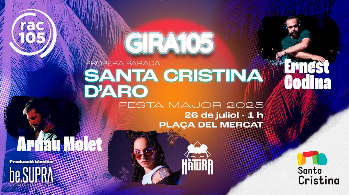 RAC105 (@rac105) on Twitter photo 🎉 Aquest dissabte, la GIRA105 fa parada a Santa Cristina d’Aro!
📍 Plaça del Mercat
🗓 26 de juliol, 1 h
🎧 Amb <a href="/ernestcodina/">Ernest Codina</a> , <a href="/ArnauMolet/">Arnau Molet</a> i DJ Nàtura
🔥 No t’ho perdis!
<a href="/SantaCristinaAJ/">Ajuntament Santa Cristina d'Aro</a> 🎉 Aquest dissabte, la GIRA105 fa parada a Santa Cristina d’Aro!
📍 Plaça del Mercat
🗓 26 de juliol, 1 h
🎧 Amb <a href="/ernestcodina/">Ernest Codina</a> , <a href="/ArnauMolet/">Arnau Molet</a> i DJ Nàtura
🔥 No t’ho perdis!
<a href="/SantaCristinaAJ/">Ajuntament Santa Cristina d'Aro</a>