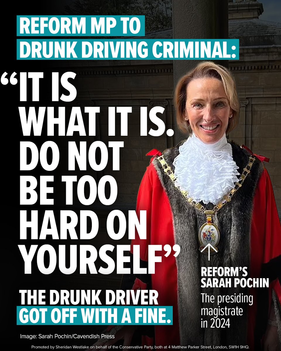 Conservatives's tweet image. Reform are pretending to be tough on crime, meanwhile their newest MP let off a dangerous drunk driver last year and told her: “It is what it is.”
You couldn’t make it up.