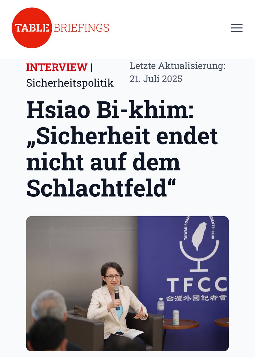 DemesDavid's tweet image. Bei einem Treffen mit Mitgliedern des Taiwan Foreign Correspondents' Clubs sprach Vizepräsidentin Hsiao am Freitag über Verteidigung, Chinas 2027-Zeitplan, Handel, intl. Partnerschaften und vieles mehr. Die wichtigsten Aussagen heute bei @TableBriefings
table.media/china/intervie…