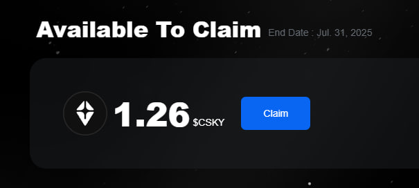 DerrickMaestros's tweet photo. LET’S GOOOO 🔥
Just claimed 1,720 $CSKY (~$120) for supporting memecoins I already loved.
If you were active on Coresky, don’t miss this airdrop.
🔗 https://t.co/mgoJpcOwRl
Massive W from @Coreskyofficial
#CSKY #Coresky #SolanaEcosystem https://t.co/iIT0VLapO2