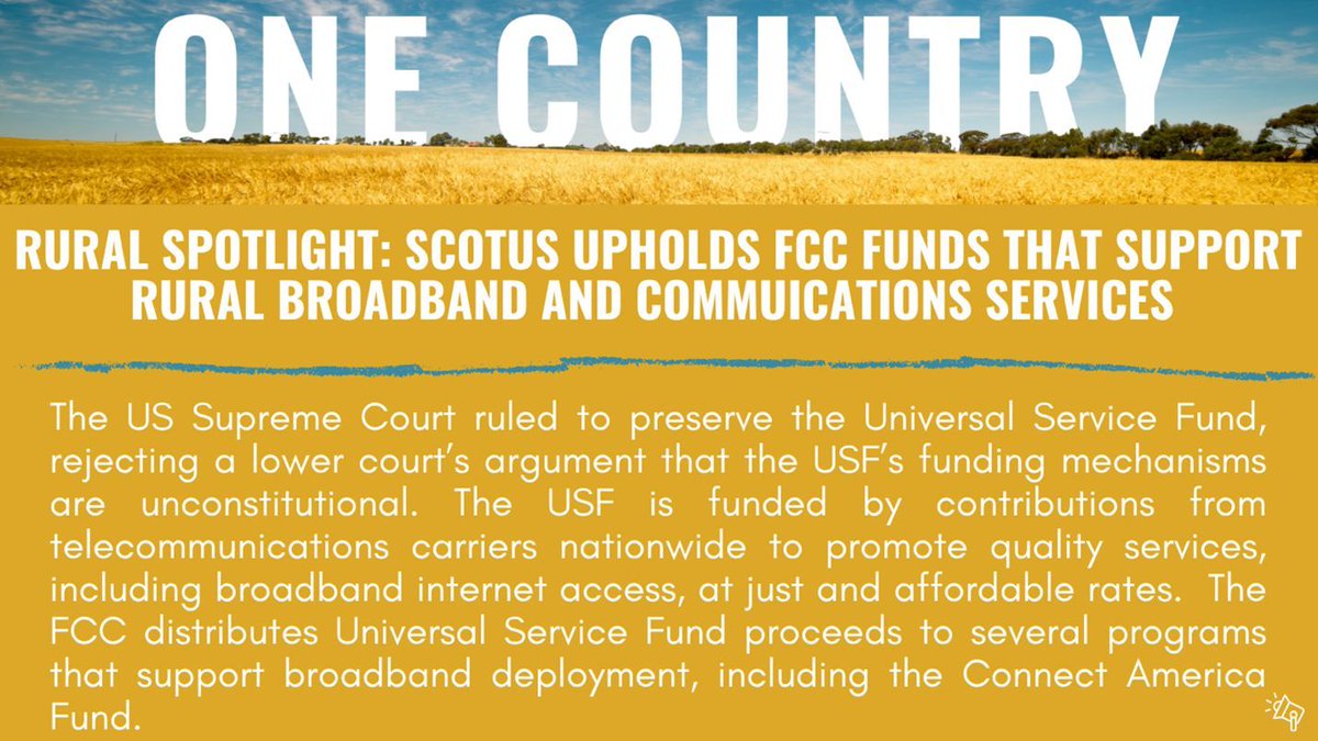 _OneCountry_'s tweet image. Today’s #RuralSpotlight recognizes the @USSupremeCourt’s decision to uphold a vital Federal Communications Commission-managed fund that supports rural broadband deployment and other communications services nationwide. More: electric.coop/supreme-court-…