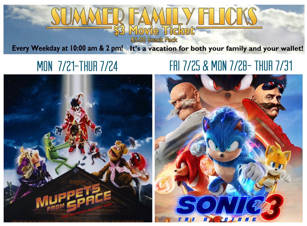 AuroraCineplex's tweet image. $3.00 SUMMER FAMILY FLICKS — 
Playing Weekdays at 10am &amp;amp; 2pm in July 
at #AuroraCineplex 

Our last two movies of the series- 

MUPPETS IN SPACE ( G)—Mon July 21-Thur July 24

SONIC THE HEDGEHOG 3 ( PG)
Fri July 25 &amp;amp; Mon July 28- Thur July 31st

TICKETS—fandango.com/aurora-cineple…