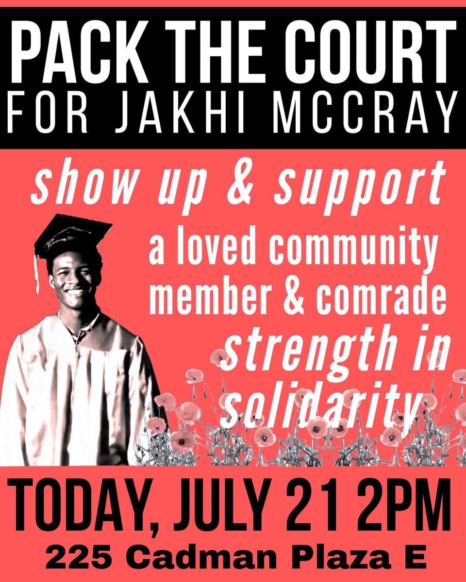 PalestineSWG's tweet image. 📷 PACK THE COURT FOR JAKHI MCCRAY AT 2 PM TODAY
🚨 When: TODAY: July 21, 2025 2 PM
🚨 Where: U.S District Court - Eastern District of New York (225 Cadman Plaza E, Brooklyn, NY 11201)
🚨 Statement Reading, Letter Writing, & Zines post arraignment at Whitman Park