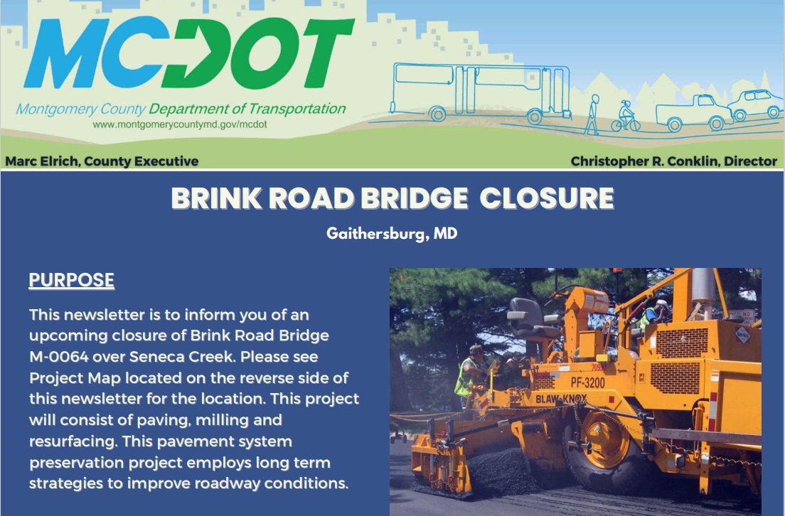 MCDOTNow's tweet image. ⚠️ICYMI⚠️
The Brink Road Bridge closure is schedule to happen on or about July 25, 2025 at 6:00am, and will take 4 days to complete, weather & other operational requirements permitting. 🗺️Project🔗tinyurl.com/33et257b @MontVillageMD @311MC311 #MDTraffic #MDRoads