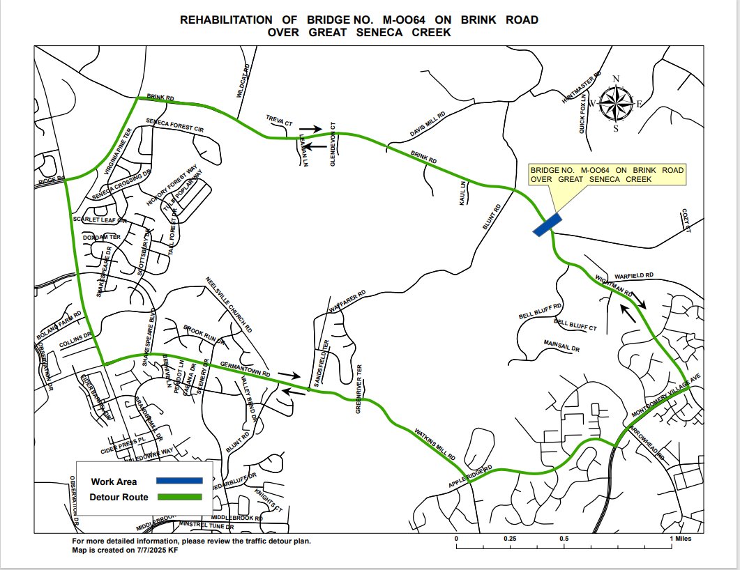 MCDOTNow's tweet image. ⚠️ICYMI⚠️
The Brink Road Bridge closure is schedule to happen on or about July 25, 2025 at 6:00am, and will take 4 days to complete, weather & other operational requirements permitting. 🗺️Project🔗tinyurl.com/33et257b @MontVillageMD @311MC311 #MDTraffic #MDRoads