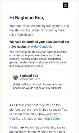 Maximus_Nerd's tweet image. This is the freedom of speech Elon Musk always talks about. If you get one of this, it directly translates into a week of Shadow ban. I just got out of mine today. Elon has ruined X for everyone by handing the control to liberal hippies.