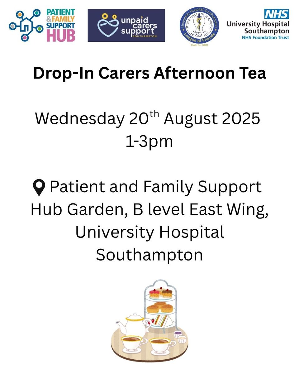 UHS_SupportHub's tweet image. We are excited to announce that we will be hosting a drop-in carers afternoon tea for unpaid carers on Wednesday 20th August 1-3pm at @UHSFT, with Unpaid Carers Support Southampton! ❤️ Please see below for details 👇: