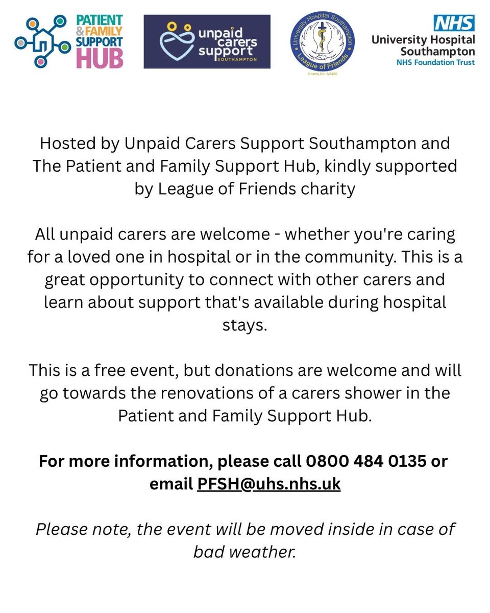 UHS_SupportHub's tweet image. We are excited to announce that we will be hosting a drop-in carers afternoon tea for unpaid carers on Wednesday 20th August 1-3pm at @UHSFT, with Unpaid Carers Support Southampton! ❤️ Please see below for details 👇: