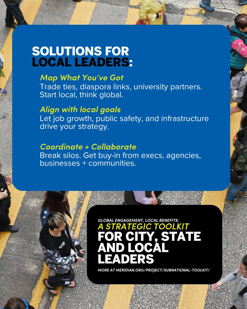 MeridianIntl's tweet image. Without a plan, global engagement can cost your community more than it delivers. Brief 1.1 of our Subnational Diplomacy Toolkit helps local leaders craft smart, strategic international plans that drive jobs, trade, and innovation.

Explore more here: meridian.org/project/subnat……