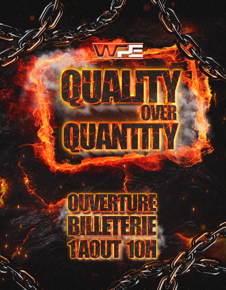 🚨BILLETS DISPONIBLES DÈS LE 1ER AOÛT 🤯

Ne manquez pas le show de catch de l’année Quality Over Quantity 2025 🔥

Date du show :18 OCTOBRE 2025 
- Billeterie en vente sur : catchplus.eu/billeterie

Mettez un rappel pour ne pas rater l’ouverture des billets le 1er août à 10h00 !
