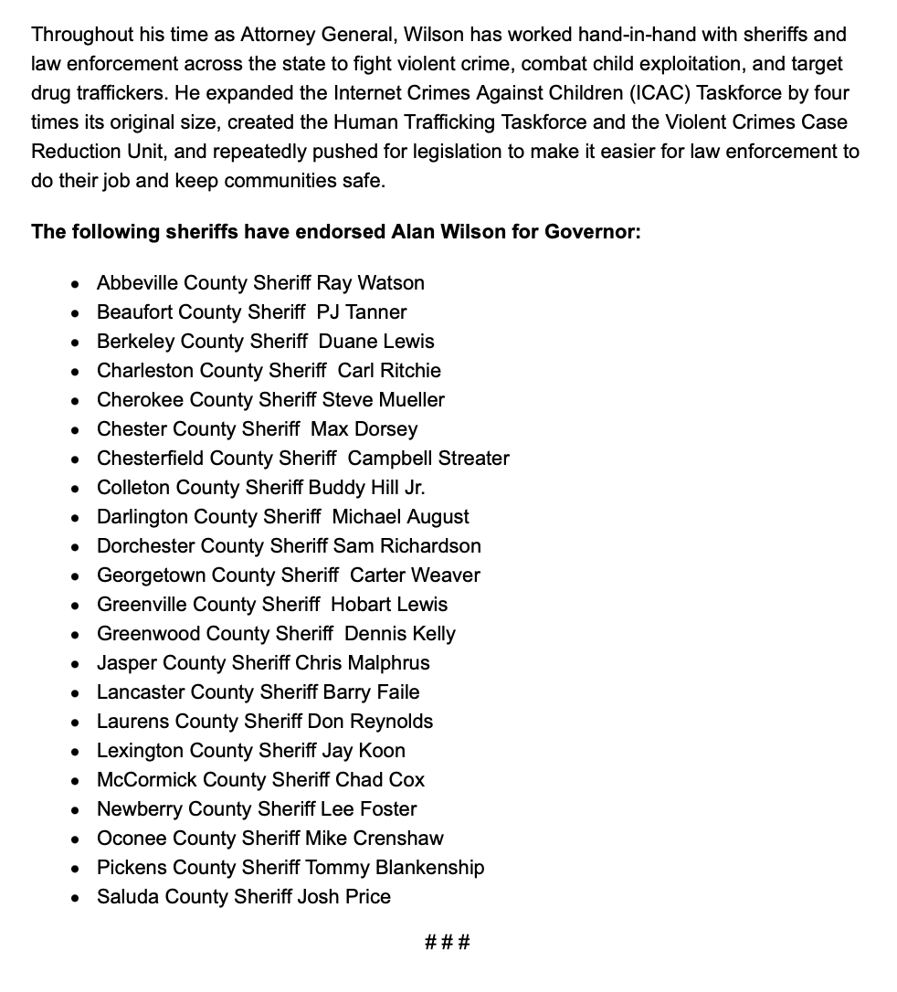 AGAlanWilson's tweet image. I'm honored to have the support of 22 Republican sheriffs. As Governor, I’ll continue to back the blue, defend our conservative values, and fight every day to protect South Carolina families. President Trump is Making America Safe Again, and he needs strong Governors to help.