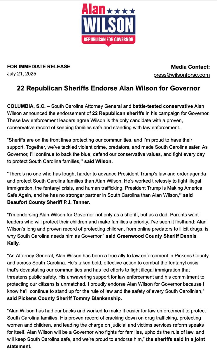 AGAlanWilson's tweet image. I'm honored to have the support of 22 Republican sheriffs. As Governor, I’ll continue to back the blue, defend our conservative values, and fight every day to protect South Carolina families. President Trump is Making America Safe Again, and he needs strong Governors to help.