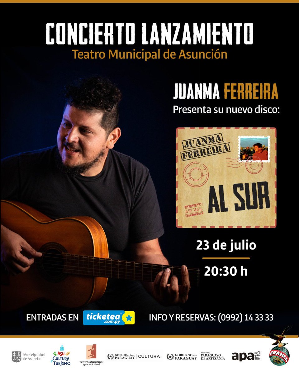 🎶JUANMA FERREIRA presenta su nuevo disco: Al Sur✨

📆Miércoles 23
⏰20:30hs
🎫Entradas en @ticketeapy 🤝 y en Boletería del Teatro o podes escribir al 0992 14 33 33 🙌🏻
