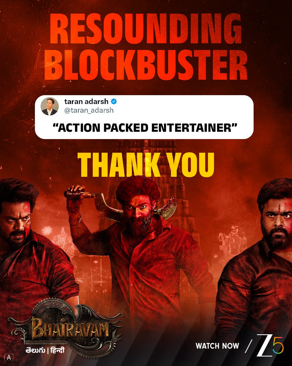 ZEE5 Telugu (@zee5telugu) on Twitter photo Hey <a href="/taran_adarsh/">taran adarsh</a>
We’re glad you enjoyed this blockbuster!
#BhairavamOnZee5 STREAMING NOW1
<a href="/BSaiSreenivas/">Bellamkonda Sreenivas</a>
Rocking Star <a href="/HeroManoj1/">Manoj Manchu🙏🏻❤️</a>
<a href="/IamRohithNara/">Rohith Nara</a>
<a href="/DirVijayK/">Vijay Kanakamedala</a> <a href="/AditiShankarofl/">Aditi Shankar</a> <a href="/anandhiactress/">Anandhi (kayal)</a> <a href="/DivyaPillaioffl/">Pillai Divya</a> <a href="/KKRadhamohan/">K.K.Radhamohan</a> <a href="/dophari/">Hari K Vedantam</a> <a href="/satyarshi4u/">satyarrshi</a> <a href="/ToomVenkat/">Toom Venkat Reddy</a> <a href="/SricharanPakala/">Sricharan Pakala</a> Hey <a href="/taran_adarsh/">taran adarsh</a>
We’re glad you enjoyed this blockbuster!
#BhairavamOnZee5 STREAMING NOW1
<a href="/BSaiSreenivas/">Bellamkonda Sreenivas</a>
Rocking Star <a href="/HeroManoj1/">Manoj Manchu🙏🏻❤️</a>
<a href="/IamRohithNara/">Rohith Nara</a>
<a href="/DirVijayK/">Vijay Kanakamedala</a> <a href="/AditiShankarofl/">Aditi Shankar</a> <a href="/anandhiactress/">Anandhi (kayal)</a> <a href="/DivyaPillaioffl/">Pillai Divya</a> <a href="/KKRadhamohan/">K.K.Radhamohan</a> <a href="/dophari/">Hari K Vedantam</a> <a href="/satyarshi4u/">satyarrshi</a> <a href="/ToomVenkat/">Toom Venkat Reddy</a> <a href="/SricharanPakala/">Sricharan Pakala</a>