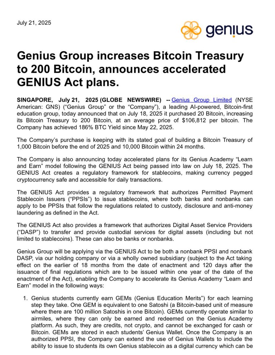 🚨 BREAKING: Genius Group punta a 10.000 BTC entro 24 mesi, aumentando il tesoro a 200 BTC.