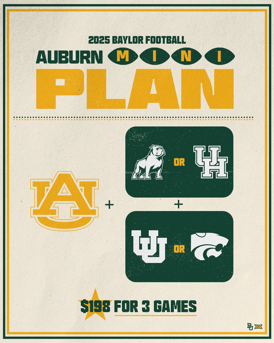 BaylorAthletics's tweet image. We've got another option to enjoy games at McLane this fall - @BUFootball mini plans! 🏈
Two options include three games for just $198: baylorbea.rs/FBMiniPlans
#SicEm