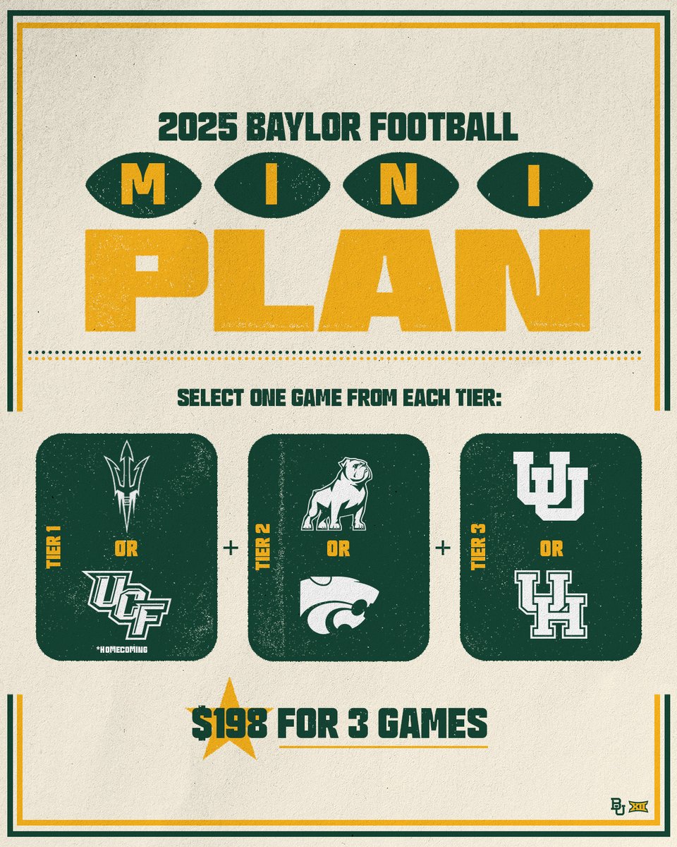 BaylorAthletics's tweet image. We've got another option to enjoy games at McLane this fall - @BUFootball mini plans! 🏈
Two options include three games for just $198: baylorbea.rs/FBMiniPlans
#SicEm