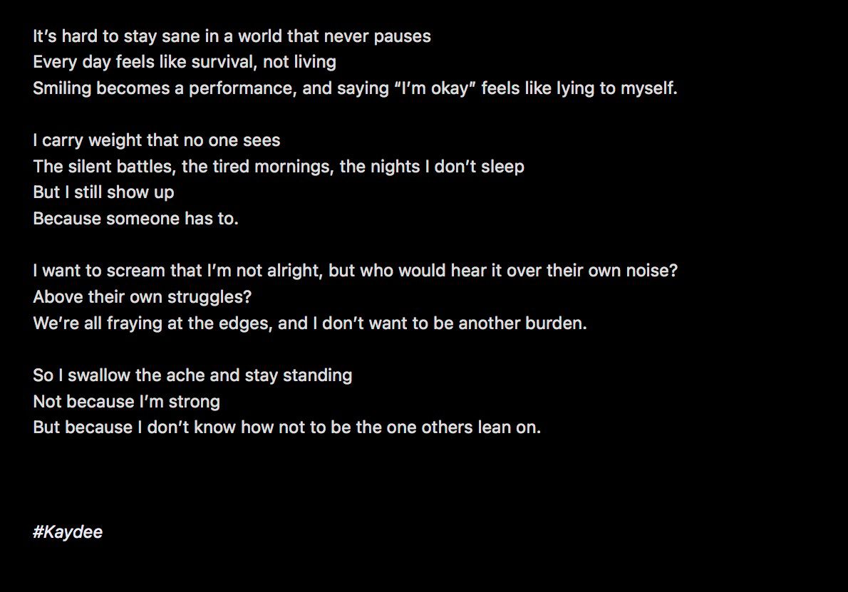 Kaydee01_'s tweet image. Silent battles, loud strength. 💔✨
#kaydee #poetry #poetrycommunity
#poetrylovers