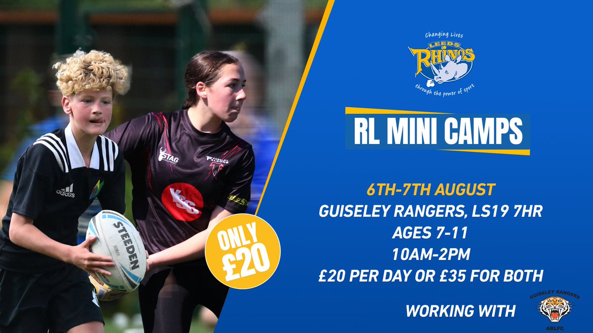 RugbyLeeds's tweet image. ๐๐ฎ๐ข๐ฌ๐๐ฅ๐๐ฒ ๐ฆ๐ข๐ง๐ข ๐๐๐ฆ๐ฉ!
Working with @GuiseleyRangers, our mini camps provide skill games, small sided matches, and lots of fun for children aged 7-11๐
๐Guiseley Rangers, LS19 7HR
โฐ 10am-2pm
๐ท ยฃ20 per day or ยฃ35 for both days
Book now!โก๏ธ tr.ee/NgW04s