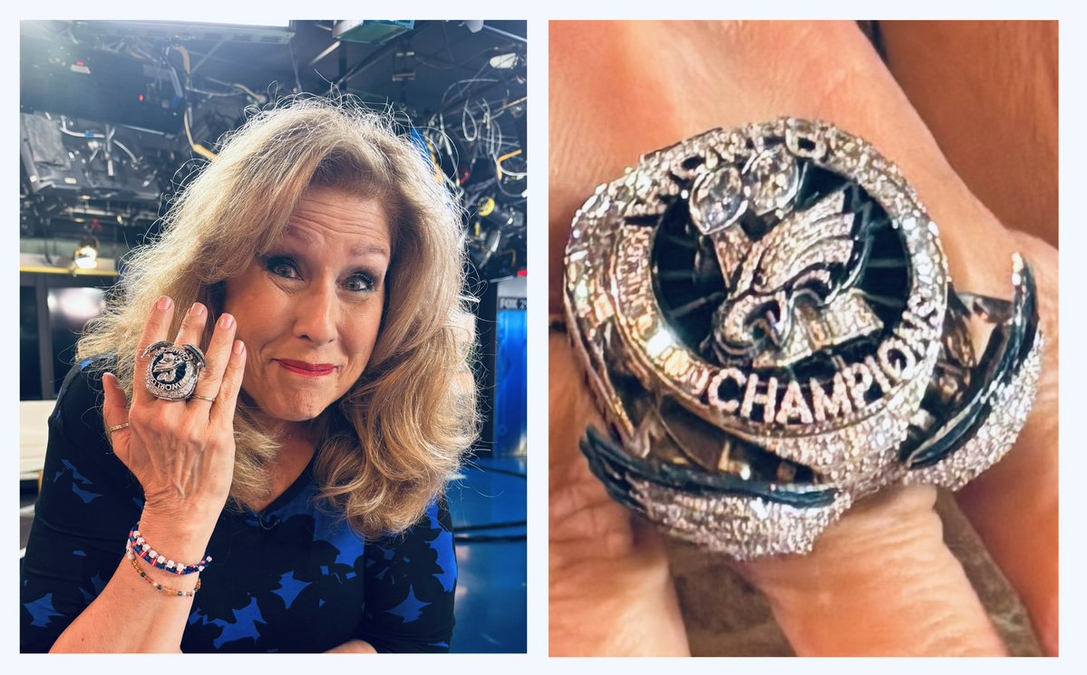 SueSerioFox29's tweet image. Go, Birds! Go, Bling! I got a chance this morning to (briefly) wear the @philadelphiaeagles Super Bowl ring. Real diamonds! The wings open up! It’s really heavy because it’s packed with meaningful details. @jasonofbeverlyhills designed an awesome work of art. @fox29philly