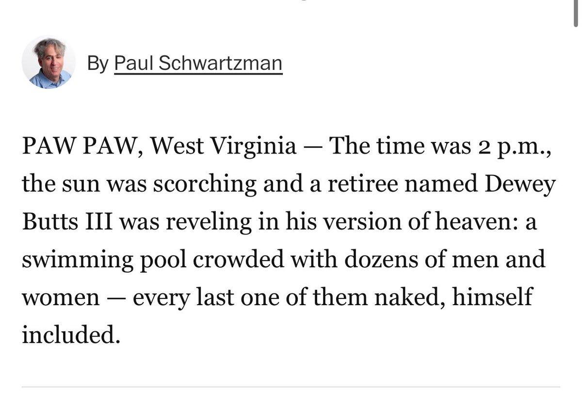 ameliaknisely's tweet image. You’re telling me the Washington Post showed up to West Virginia to write about a nudist resort and found someone named Dewey Butts
washingtonpost.com/dc-md-va/2025/…