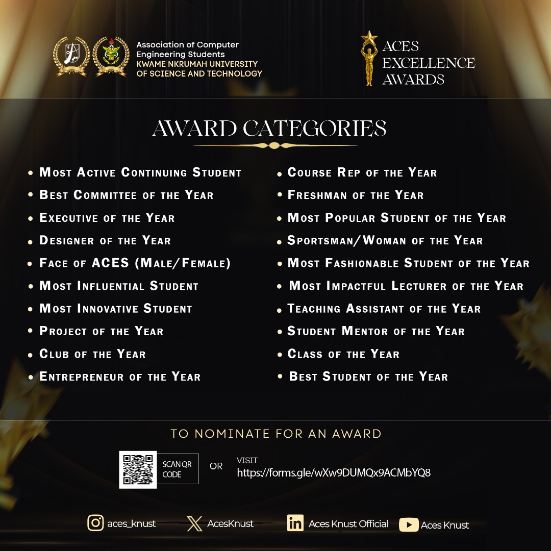 compengKNUST's tweet image. ๐@AcesKnust is recognizing the hard work of students, lecturers, and groups in our department.
Nominate someone today. This is for all Computer Engineering students at KNUST.
Click here:lnkd.in/dVJDY8F7