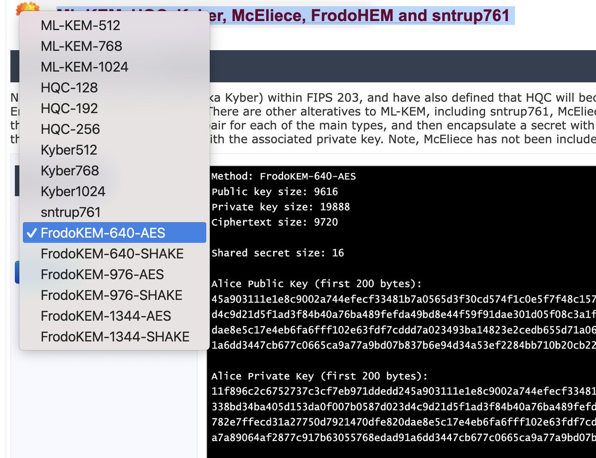 billatnapier's tweet image. Here is key pair generation, encapsulation and decapsulation for ML-KEM, HQC, Kyber, McEliece, FrodoHEM and sntrup761 using liboqs (note: I've not used McEliece as it takes too long for the key generation):
asecuritysite.com/liboqs/liboqs_…